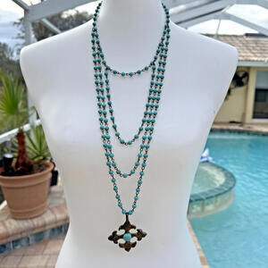 Rustic Western Boho Cowgirl Turquoise Cross Long Multi Strand Necklace Earring